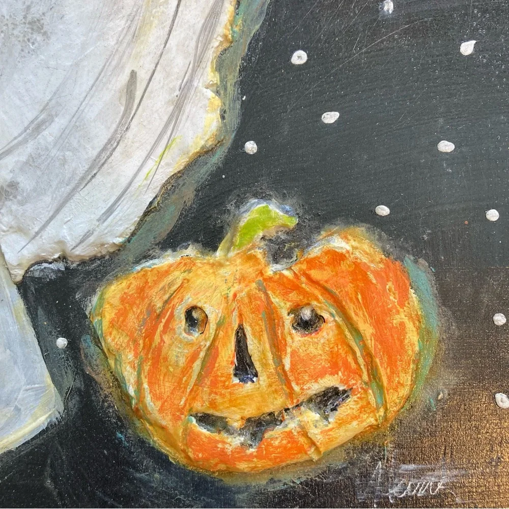 Graveyard Pumpkins ” acrylic &  Paper Clay Handmade Original 12”x12”onWood Panel